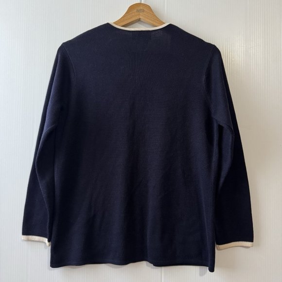 Talbots 100% Silk Open Front Cardigan Navy W/ivory Trim Women's Size P - Picture 2 of 16